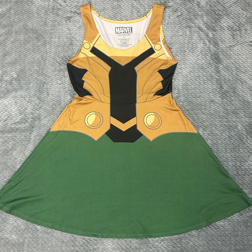 Marvel Her Universe Loki Cosplay Skater Dress Green Gold Armor Print Womens S